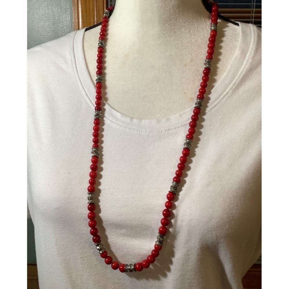 Red Glass and  Silver-Tone Necklace -- 32"